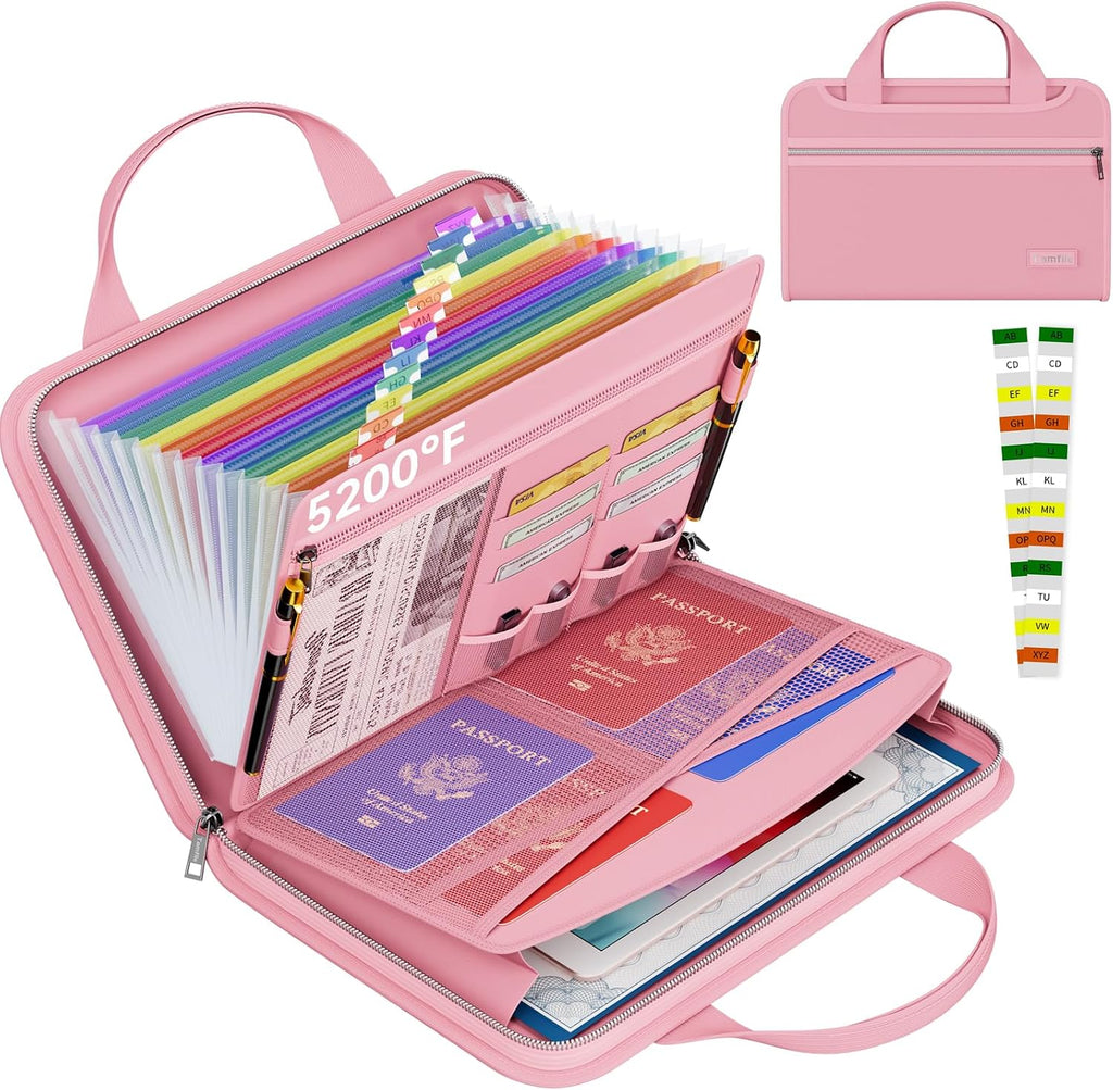 Tamfile Fireproof Accordion File Organizer, Expanding File Folder, Pink | 13 Pocket Colorful, Handle, Zipper & Labels, Multi-Pockets Paper Organizer, for Letter A4 Files, Home, Office, School