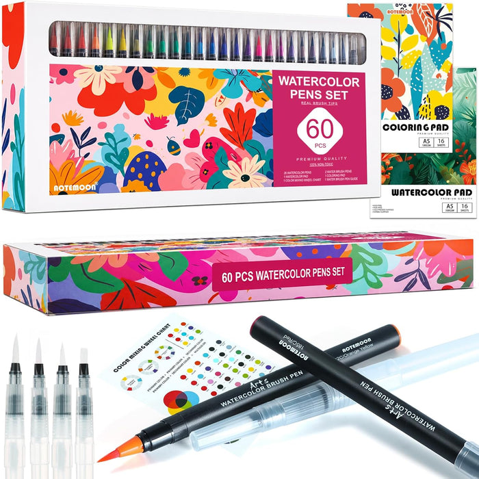 60 PCS Watercolor Pens Set with 52 Vivid Colors, Real Brush Tip Markers