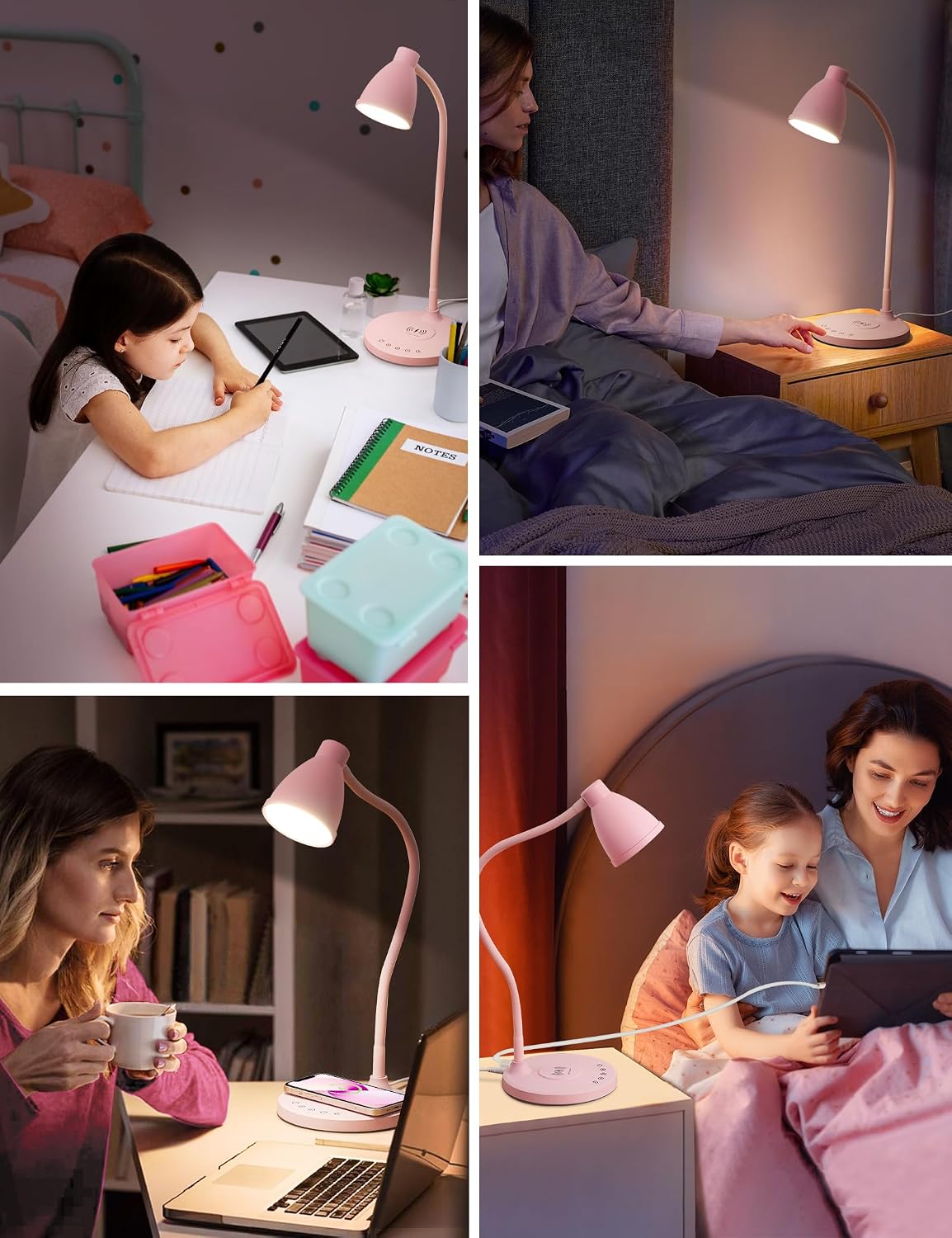 BOHON Cute Desk Lamp for Home Office with USB C+A Charging Port Timer Pink