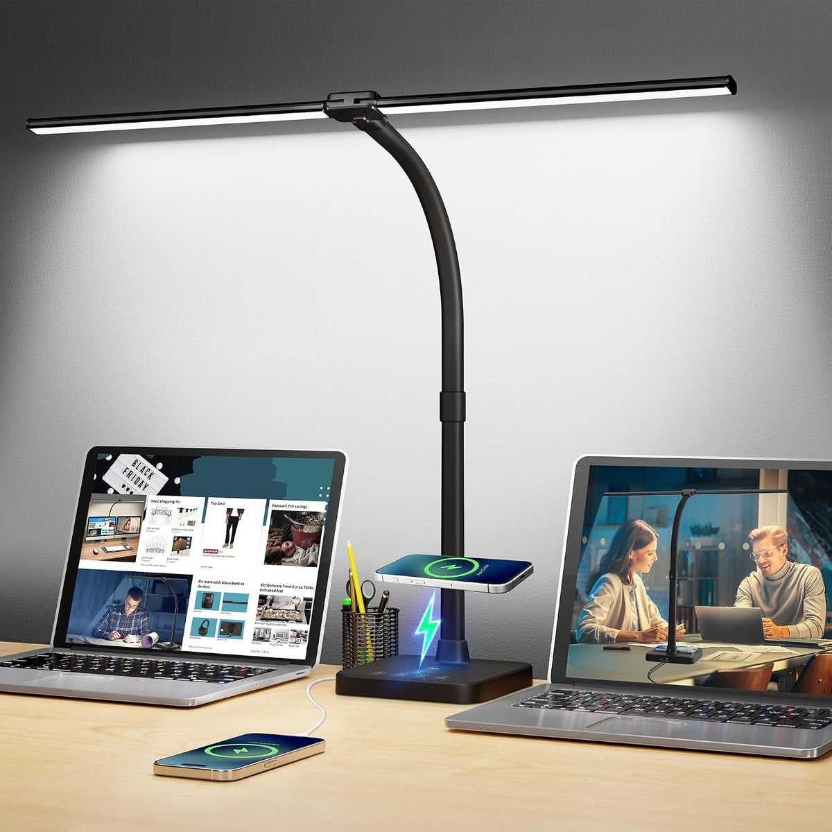 ShineTech LED Desk Lamp, 24W Double Head Desk Light with Wireless Charging