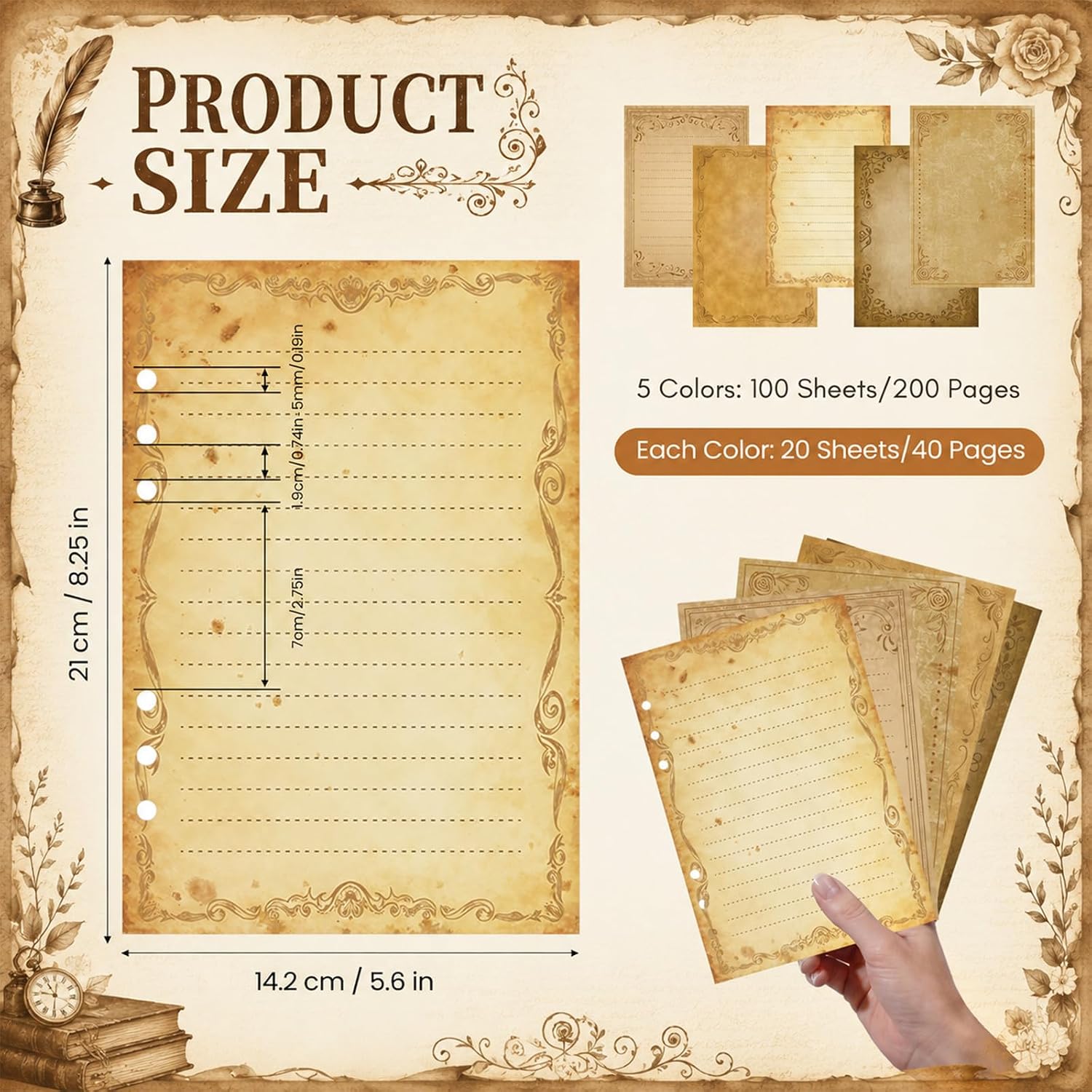 100 Sheets Vintage A5 Planner Inserts - 120GSM Thick Antique Border Refill Paper for A5 6-Ring Binder, Elegant Retro 6 Hole Loose Leaf Sheets for Journal Diary Notebook Budget Creative Planning