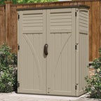 suncast outdoor storage shed, water resistant resin vertical shown in use
