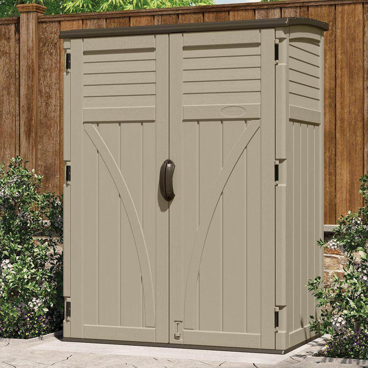 suncast outdoor storage shed, water resistant resin vertical shown in use