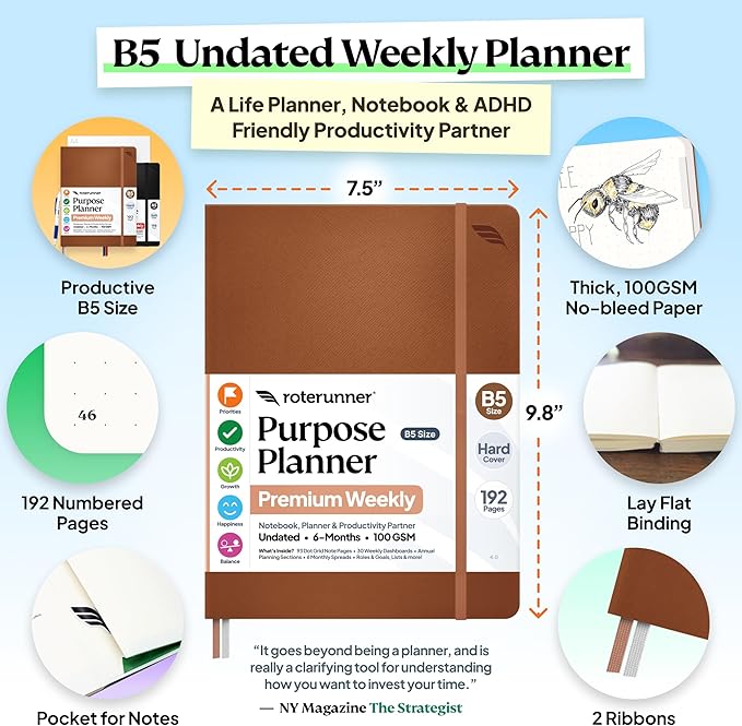 Roterunner Purpose Planner Notebook B5 7.5”x9.8” Undated 2026 Daily Weekly and - Image 2