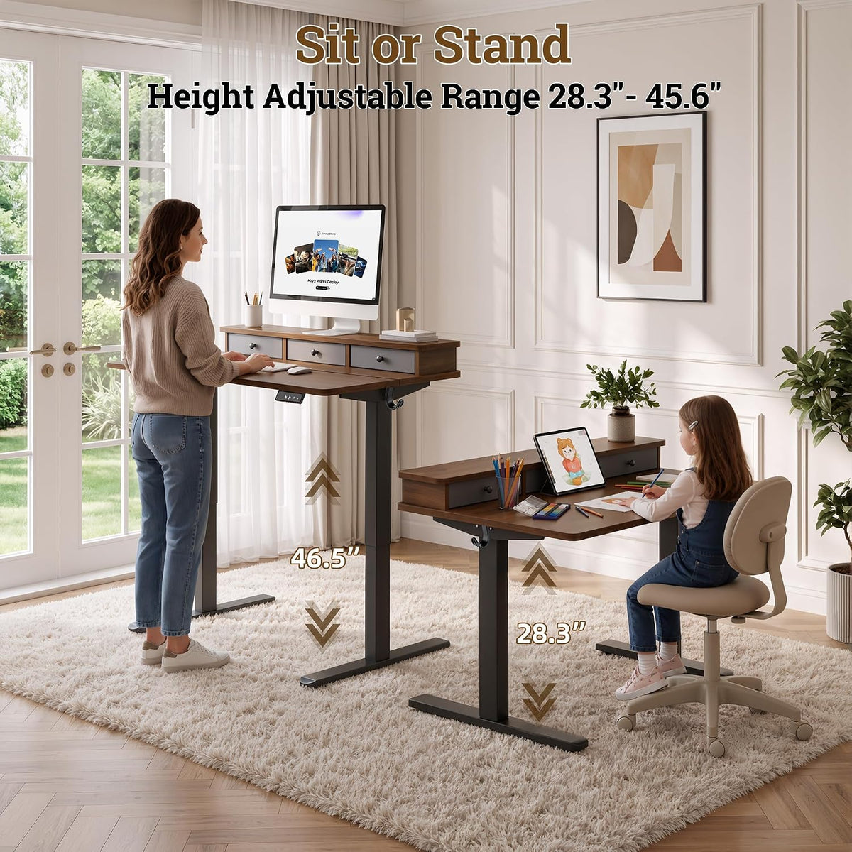 TIQLAB Small Standing Desk with 3 Drawers, 40" Computer Desk Vanity, Walnut