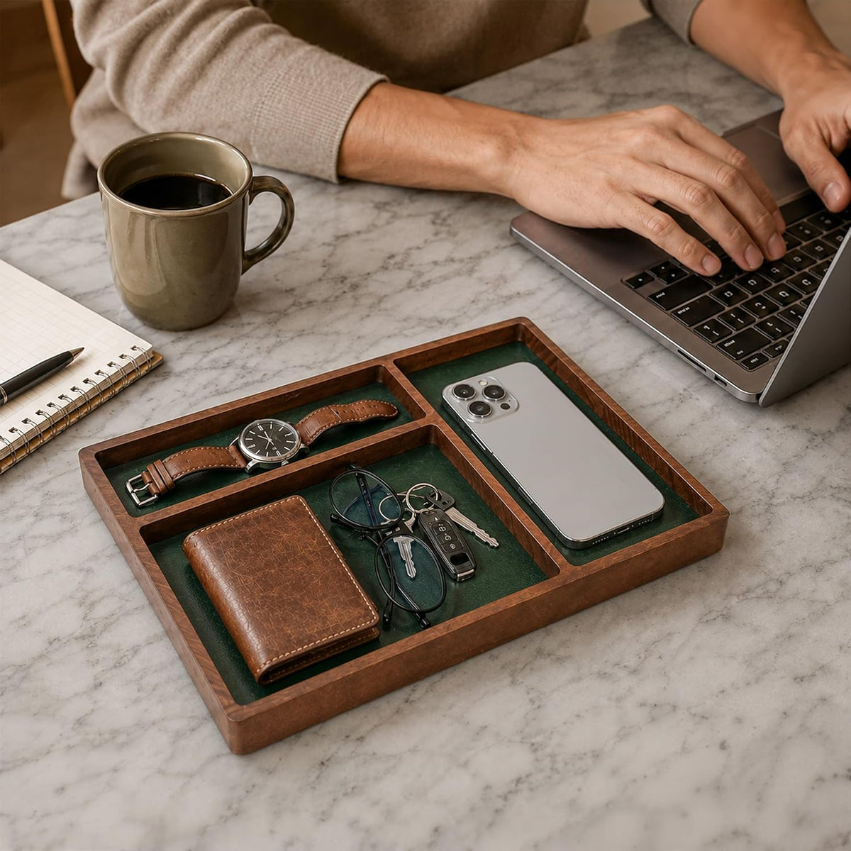 ReeKi Solid Wood Valet Tray | 3 Slot Desk Drawer Organizer
