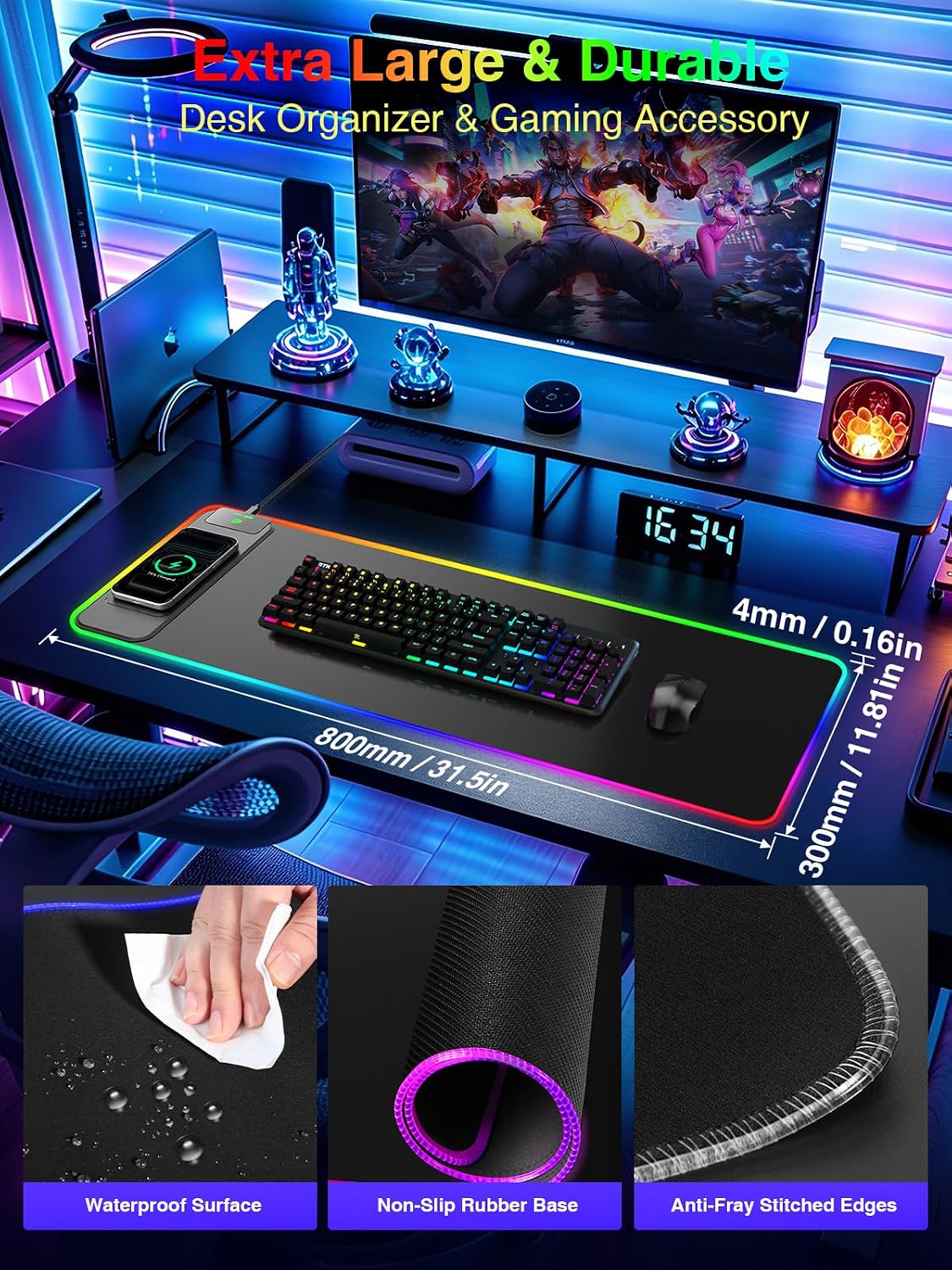 Wireless Charging Mouse Pad Gaming, 31.5"x11.8" Large Desk Mat, Wat...
