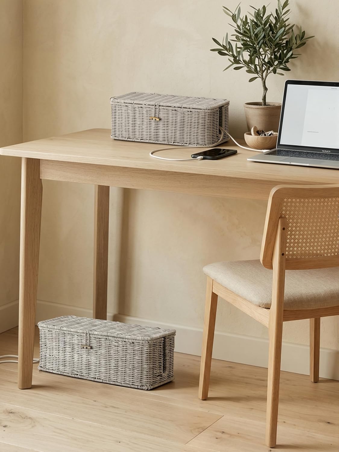 Cable Management Box, Cord Organizer with Lid & Cable Ties - Gray Set