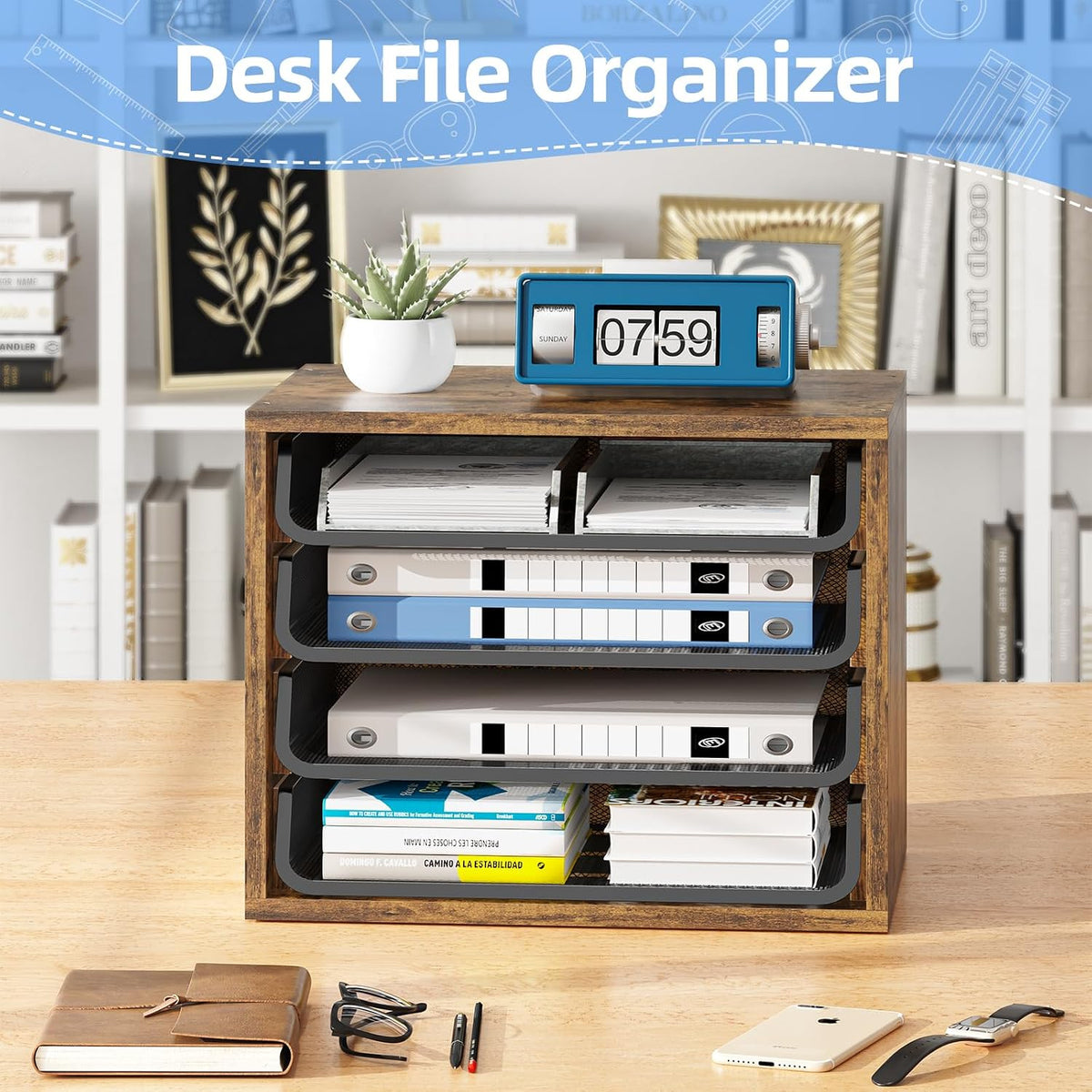 Simple Trending 4-Tier Desk File Organizer, Paper Organizer, Rustic Brown