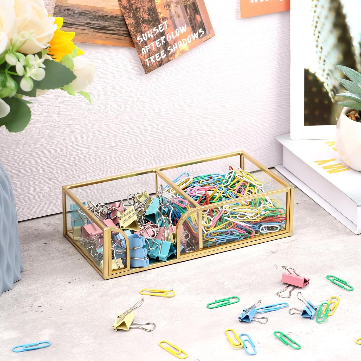 Glass Sticky Note Holder,2 Slots Gold Post It Note Dispenser for Desk,3 x 3 Inch Post It Note Holder, Stylish Sticky Note Dispenser for Home Office Desk Table Drawer