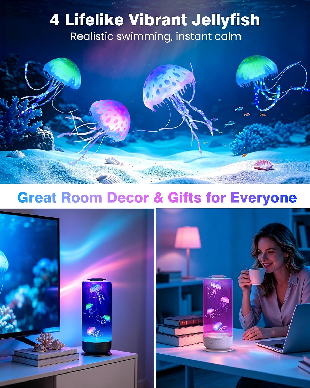 Jellyfish Lamp Quiet Calming Night Light for Bedroom Decor Gift(White）