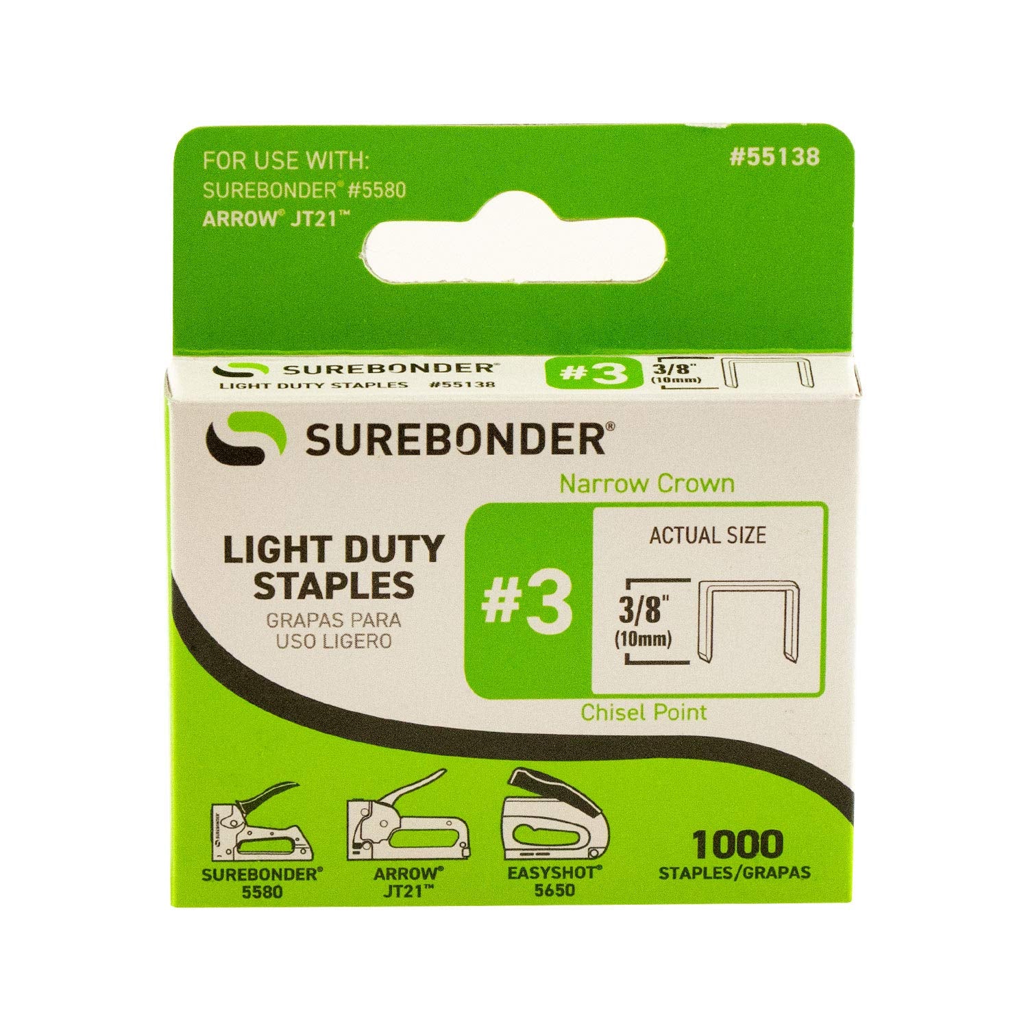 Surebonder 55138 Light Duty 3/8-Inch Leg Length, .441-Inch Crown Staples, Arrow JT21 Type, 1000 Count