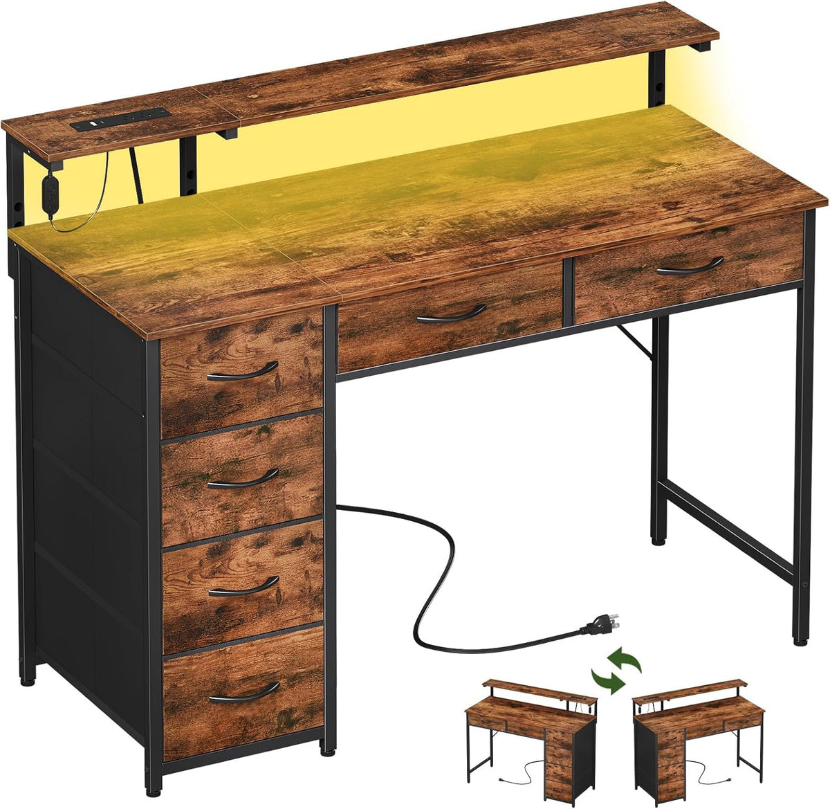 Somdot Computer Desk with Power Outlet and LED Lights, Desk with 6 Drawers