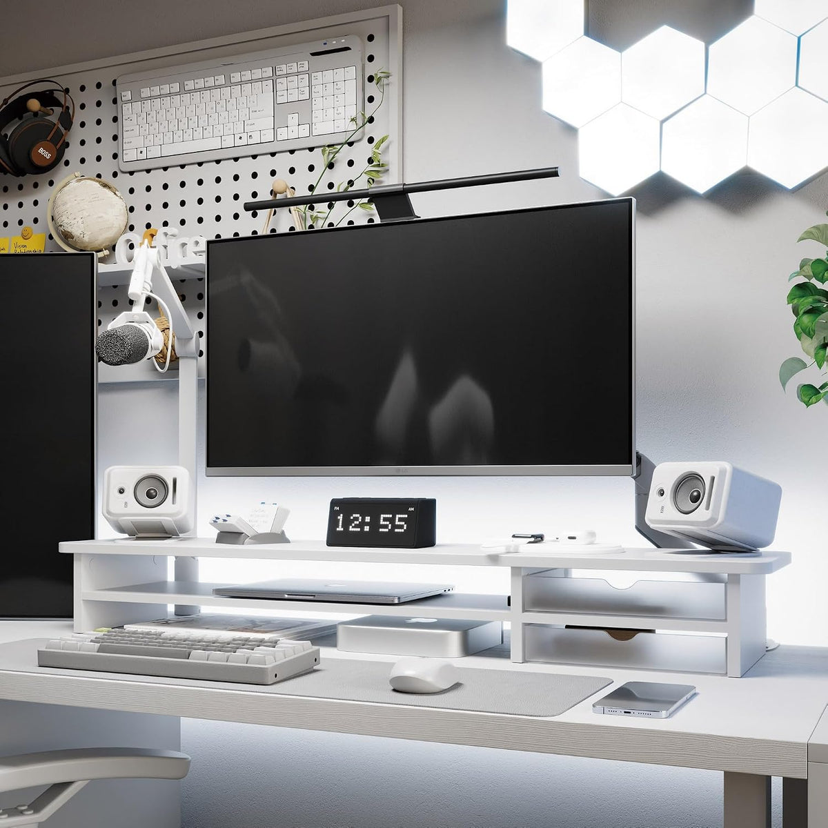 Fenge Monitor Stand, Desk Computer Riser with Frosted Storage Drawer, White