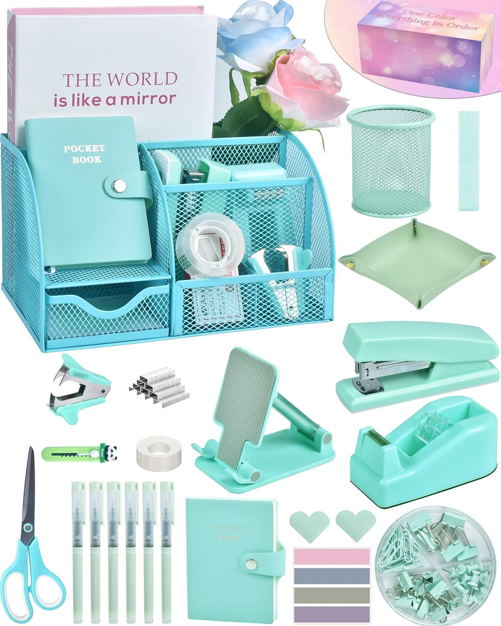 Green and Blue Desk Accessories, 26Pcs Office Supplies and Desk Organizers, with Tape Dispenser, Stapler, Staple Remover, Ect, Gift Box Packaging