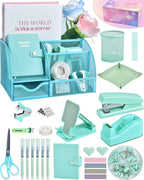 Green and Blue Desk Accessories, 26Pcs Office Supplies and Desk Organizers, with Tape Dispenser, Stapler, Staple Remover, Ect, Gift Box Packaging