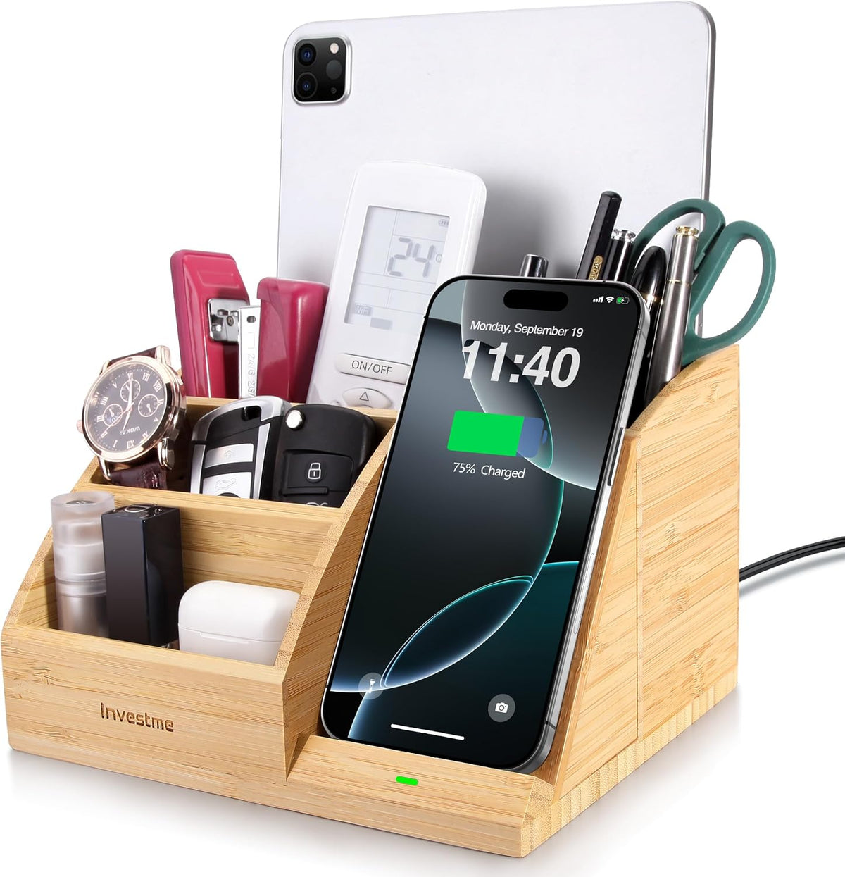 Bamboo Pen Holder with Wireless Charger, Desk Organizer 5 Compartments