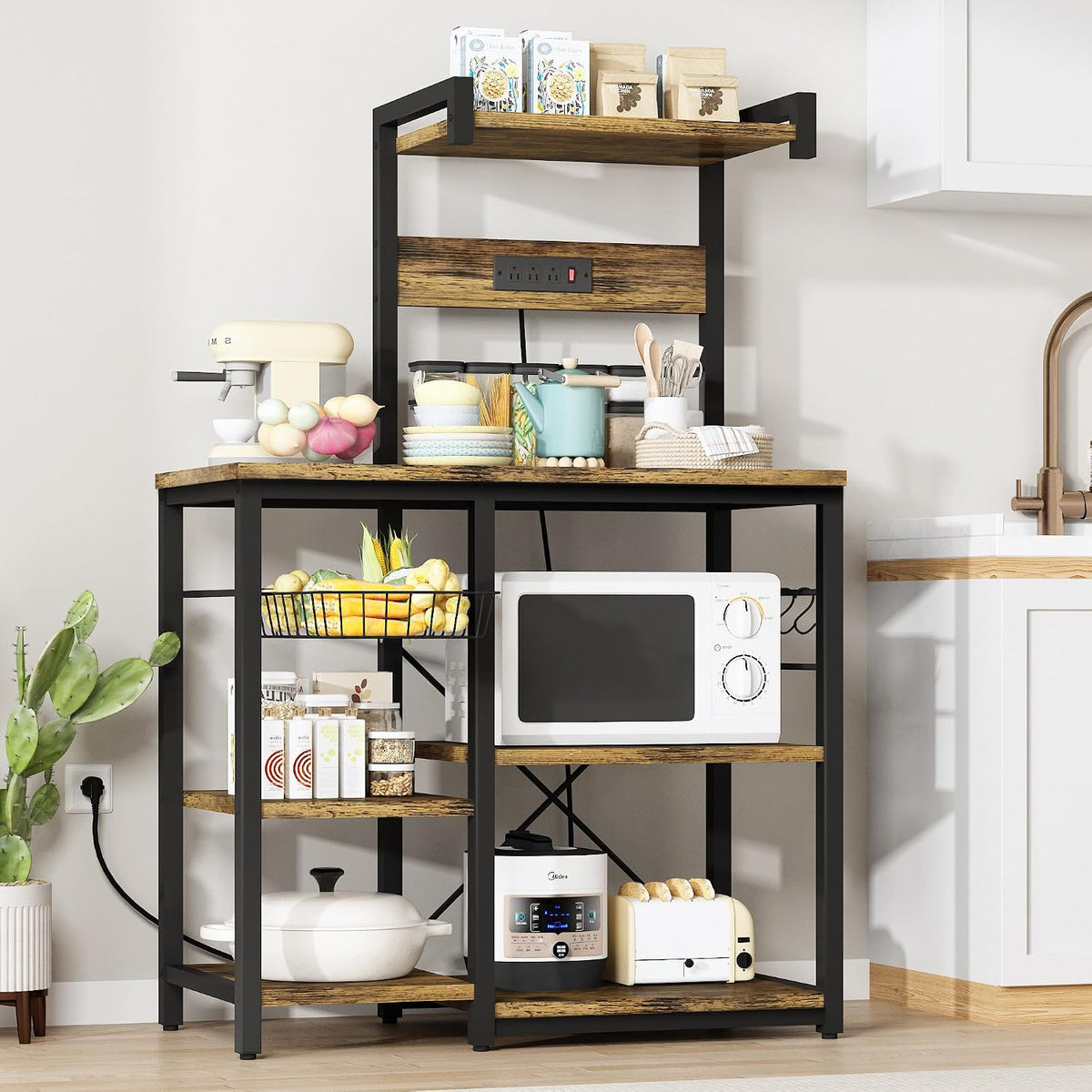 Recaceik Bakers Rack Kitchen Storage Rack with Power Outlet Microwave Stand C...