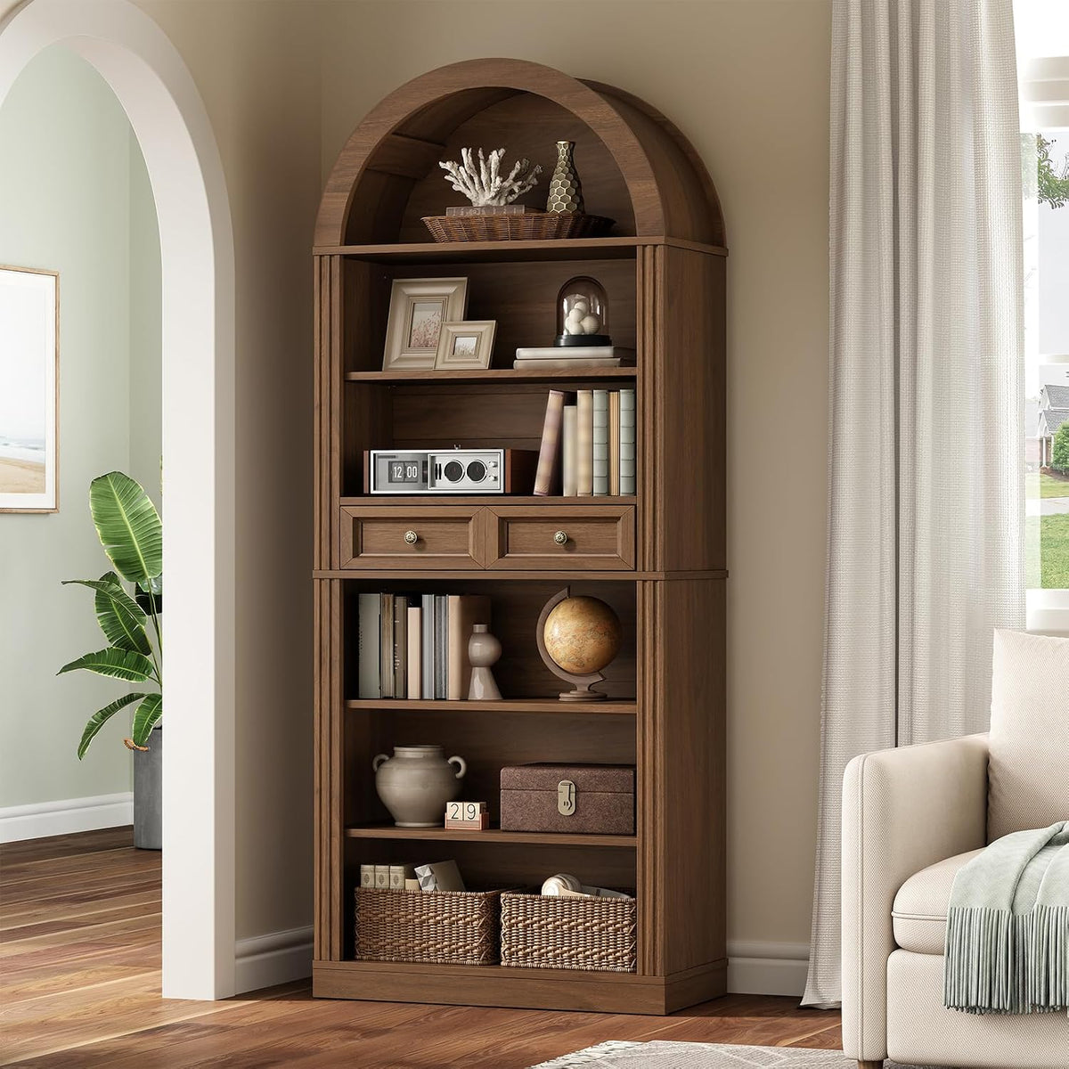 RALGEND Arched Bookshelf, 73" Tall Arch Bookcase with Drawer, 6-Tier Far...