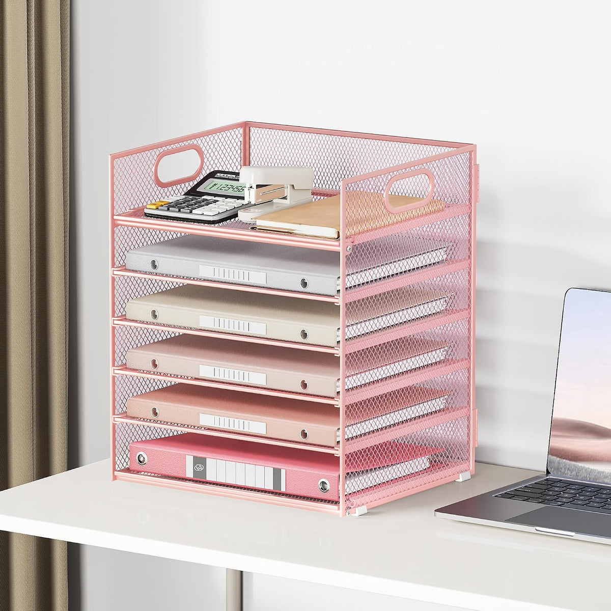 6 Tray Paper Organizer Letter Tray with Handle - Mesh Desk File Organizer, Pa...