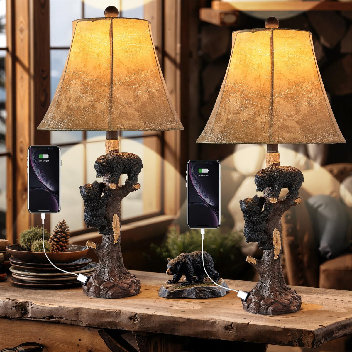 LOKHOM 26" Climbing Bears Rustic Western Table Lamp Set of 2