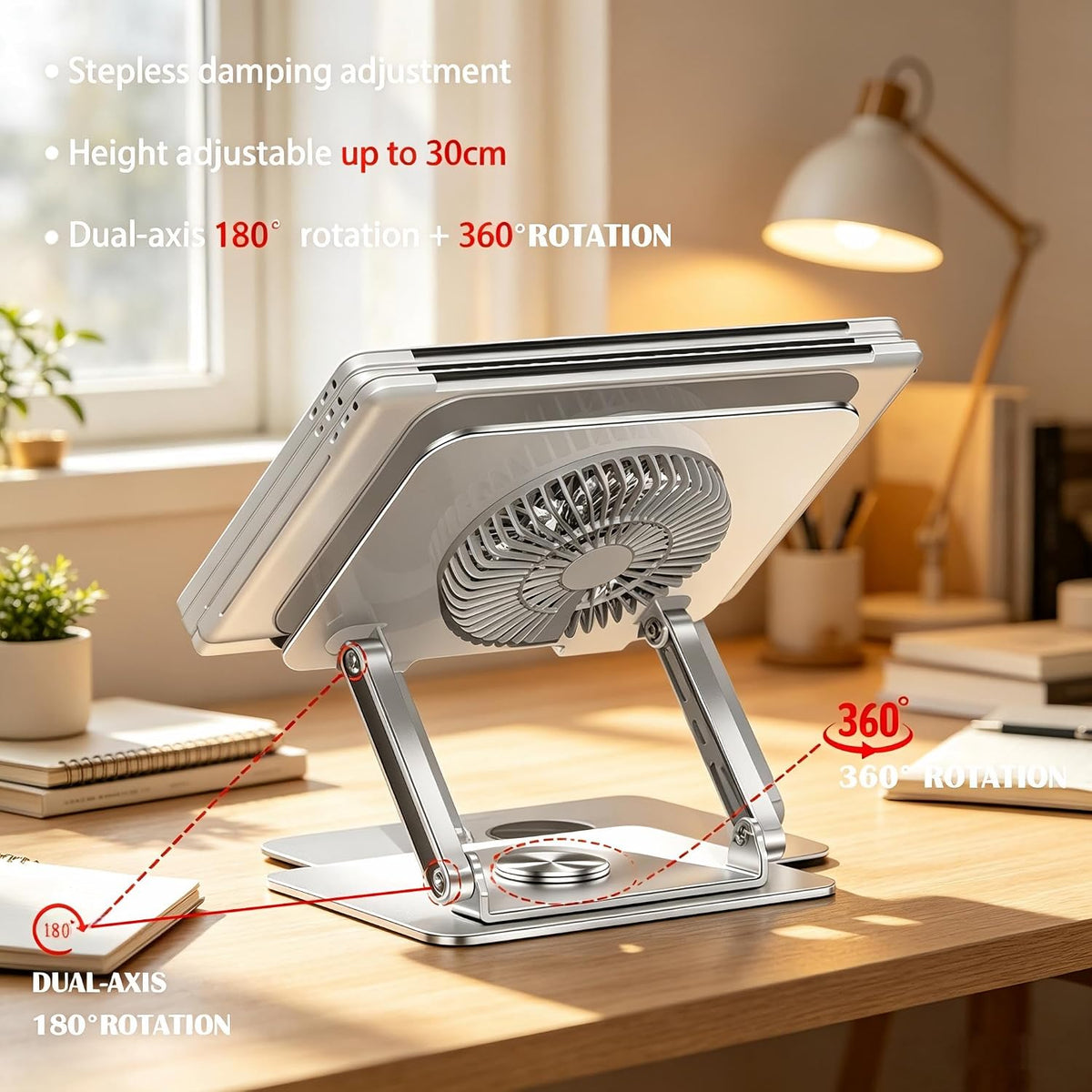 360° Rotating Adjustable Laptop Stand with Cooling Fan, Foldable Dual-Bar Sup...