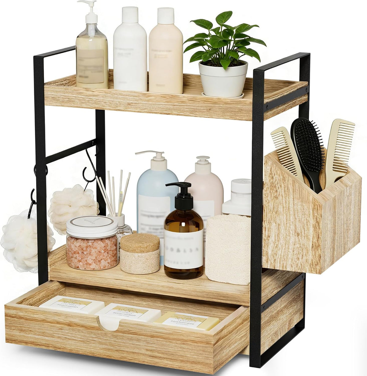 Kottwca 2-Tier Bathroom Counter Organizer with Drawer, Wooden Vanity Shelf