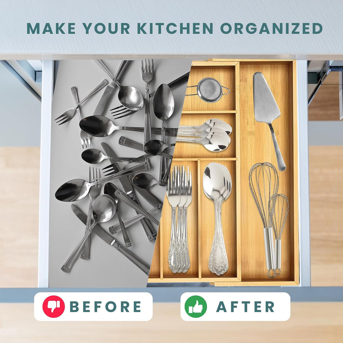 Sben Bamboo Cutlery Drawer Organizer, Bamboo, Medium