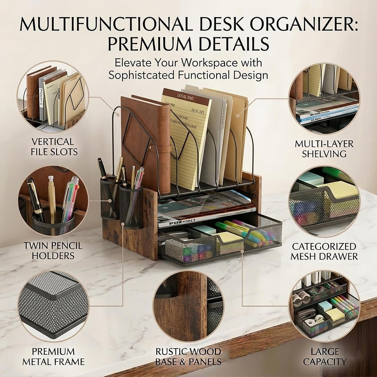 Desk Organizer with Drawer, Desktop File Organizer and Paper Tray Organizer w...
