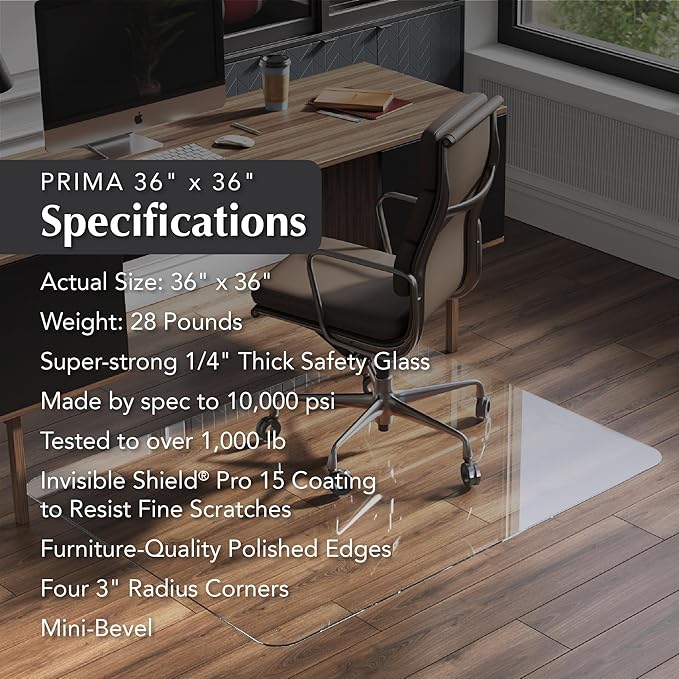 Vitrazza Glass Chair Mat 36” x 36” Superior ¼" Thick, Chiaro Standard Clear - Image 4