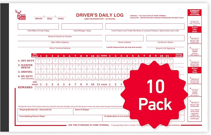 10 Pack Driver Daily Log Books for Truck Drivers by BuckUSA