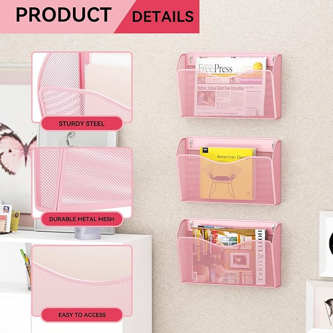 GDINDINFAN 3 Single Pocket Wall File Holder, Mesh Hanging File Folder Paper - Image 4