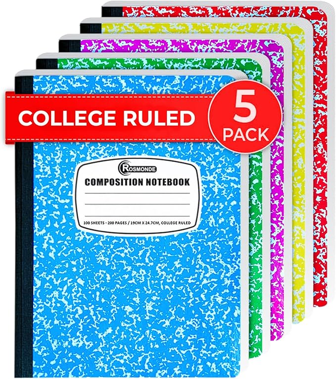 Rosmonde 5 Pack Composition Notebooks College Ruled, 200 No Bleed Pages by Rosmonde