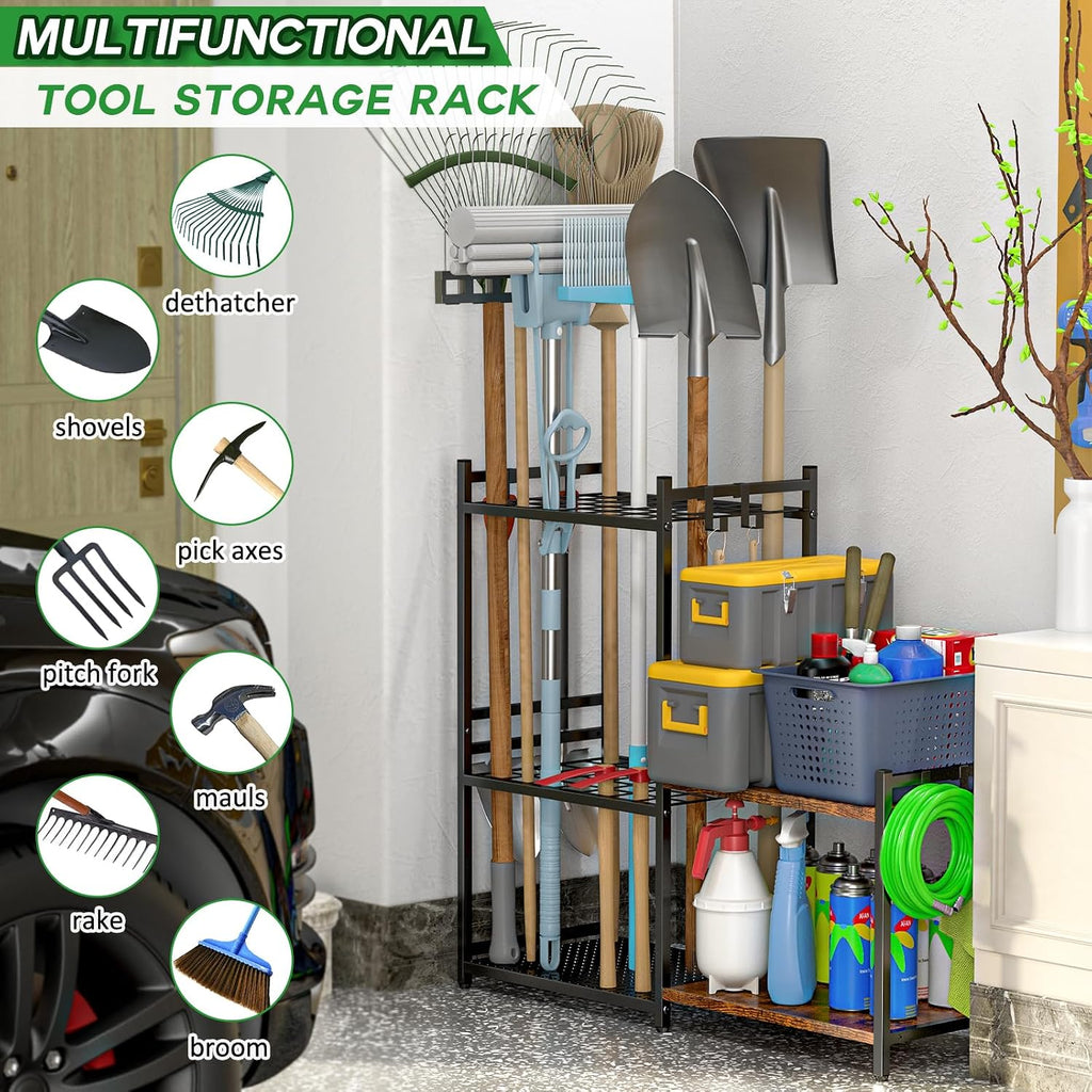 daoutime garage tool organizer with 2-tier wooden shelves shown in use