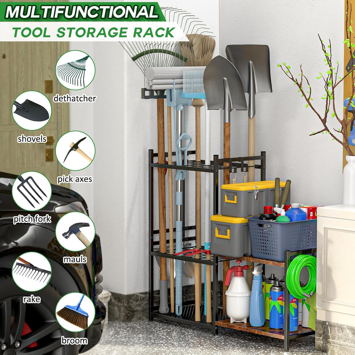 daoutime garage tool organizer with 2-tier wooden shelves shown in use