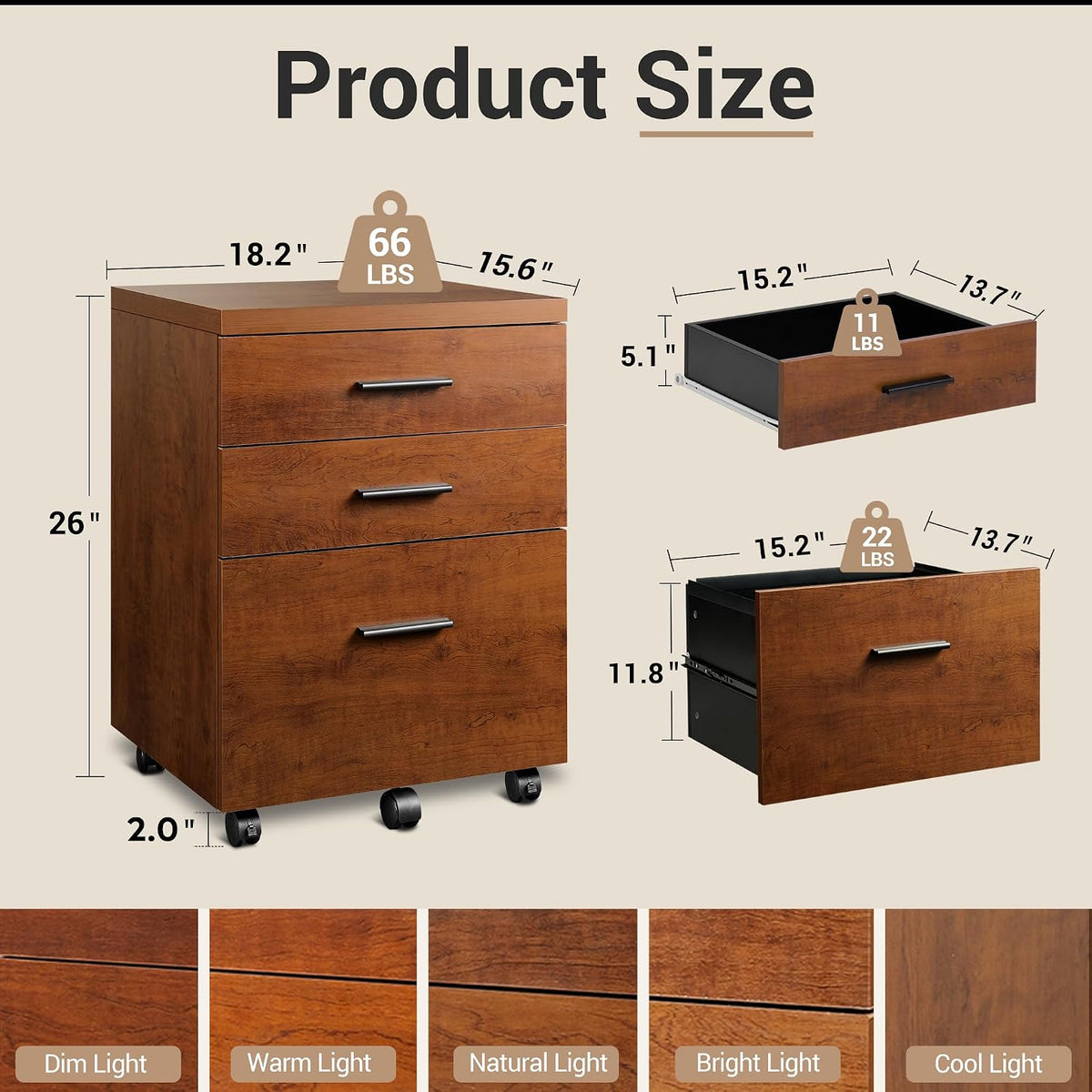 devaise 3 drawer file cabinet, wood under desk, close-up detail