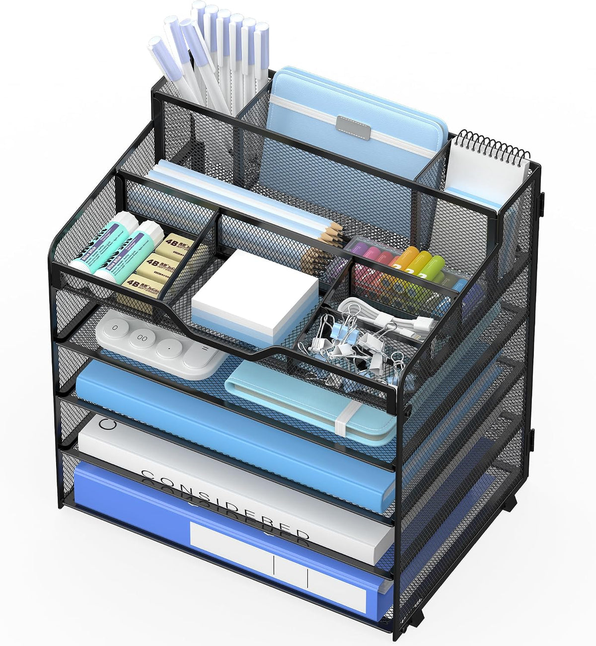 5 Tier Mesh Paper Desk Organizer with Pen Holders, Black