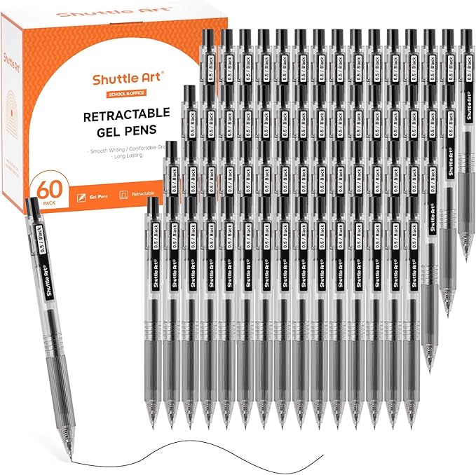 Shuttle Art Black Gel Pens, Ink Glide Series 60 Pack Retractable 0.5mm Fine by ShuttleArt