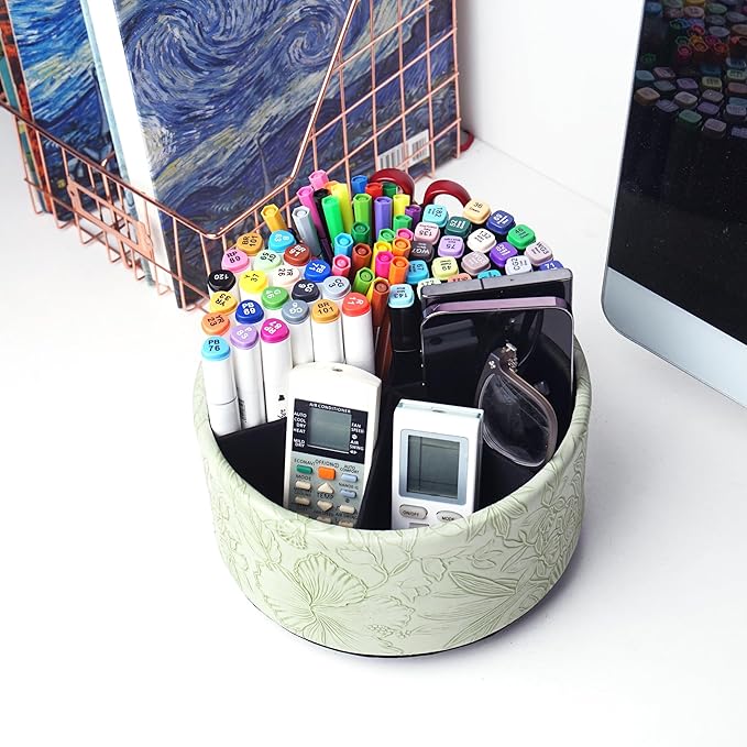 Hennaja Remote Control Holder, 360°Spinning PU Leather Desk TV Remote Caddy - Image 6