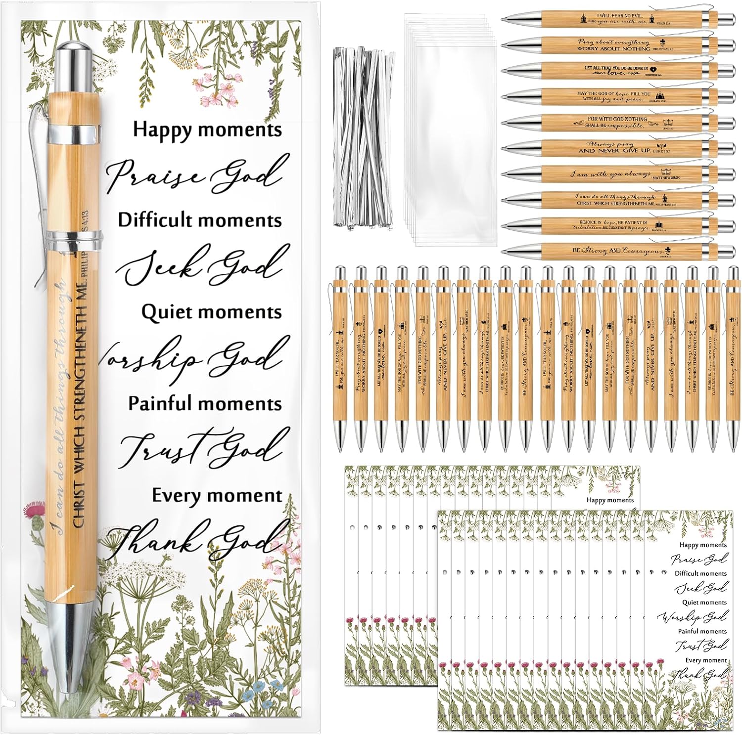 10 Set Christian Religious Gifts Bulk Include Bible Verse Pens and Inspirational Bookmarks Scripture Quote Bible Study Group Church Gifts for Christian Pastor (Bamboo)