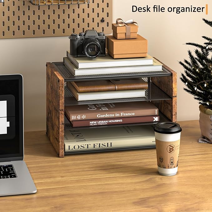 3-Tier Paper Letter Tray, Wooden Desk File Organizer, Stackable Metal Mesh Desk - Image 5