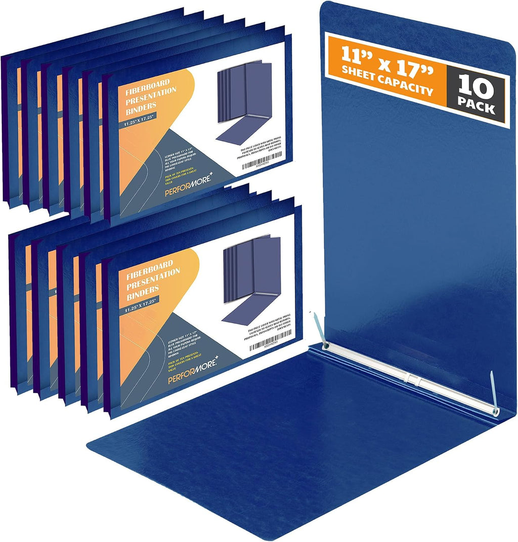 10 Pack 11x17 Pressboard Report Covers, 3 Inch Capacity, Metal Prong | Holds 240 Pages, Heavy-Duty Landscape Folder for Blueprints and Reports, Blue Fiberboard Binder - Performore