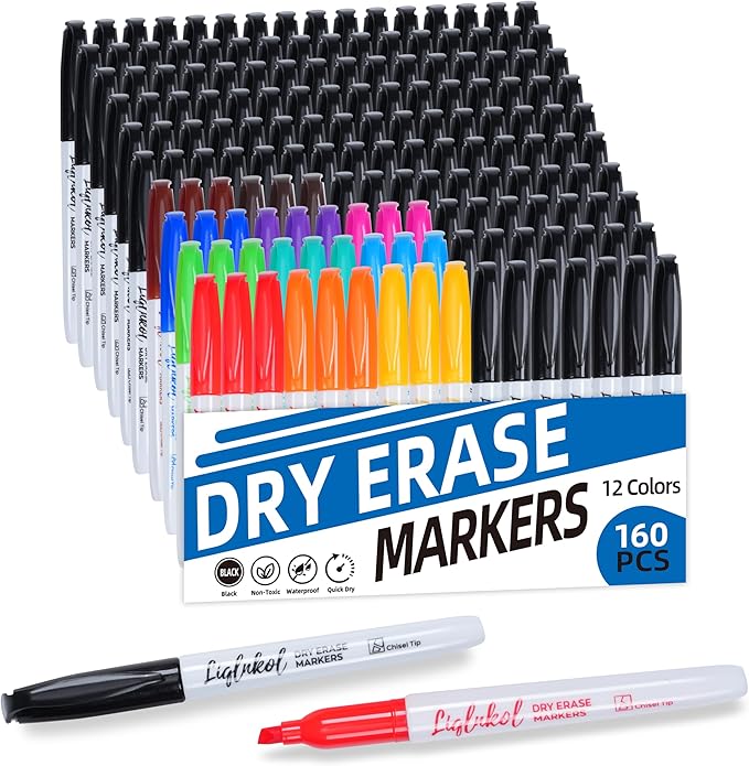 LiqInkol Dry Erase Markers Bulk 160 Pack 12 Colors of 127 Black and 33 Assorted by Liqinkol