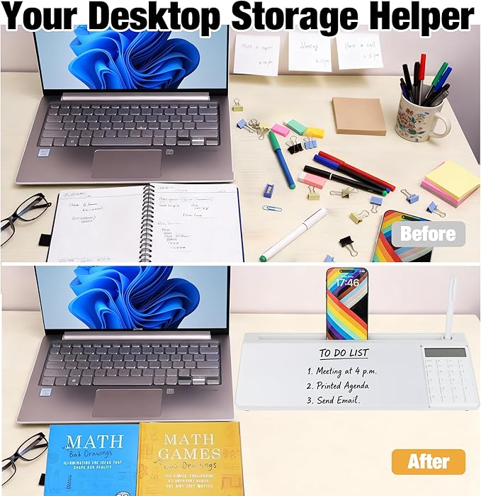 Glass Desktop Whiteboard with Calculator & Storage, Desk Dry Erase Note Memo - Image 4