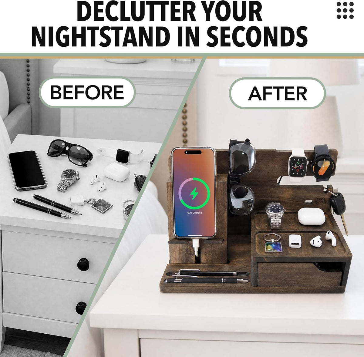 Nightstand Organizer for Men- Night Stand, Bedside or Dresser (Rustic)