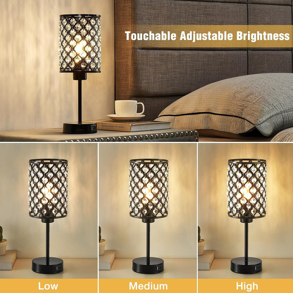Crystal Table Lamp, Black Touch Lamp with USB C+A Port, 3-Way Dimmable
