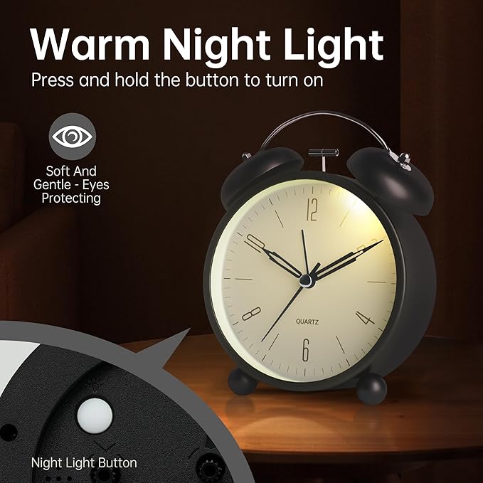 Twin Bell Loud Alarm Analog Alarm Clock, 4 inch Super Silent Non Ticking Small - Image 4