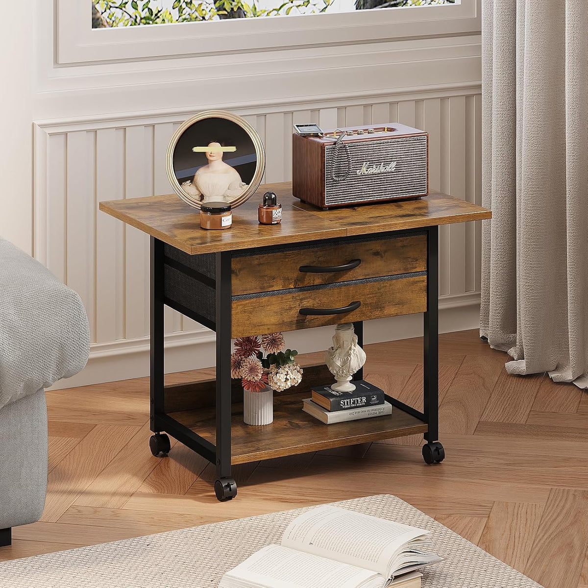 VENNQD Large Printer Stand with Storage Fabric Drawer Under Desk Printer Tabl...