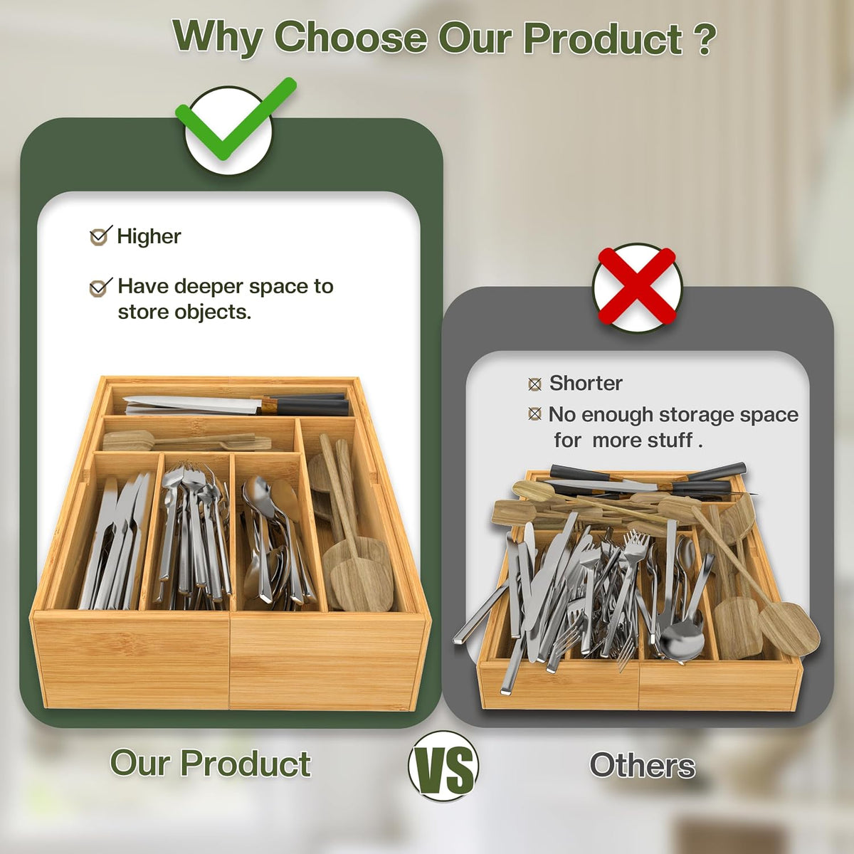 BAMEOS 3.9inch Tall Bamboo Drawer Organizer, Expandable Utensil Holder with 8...