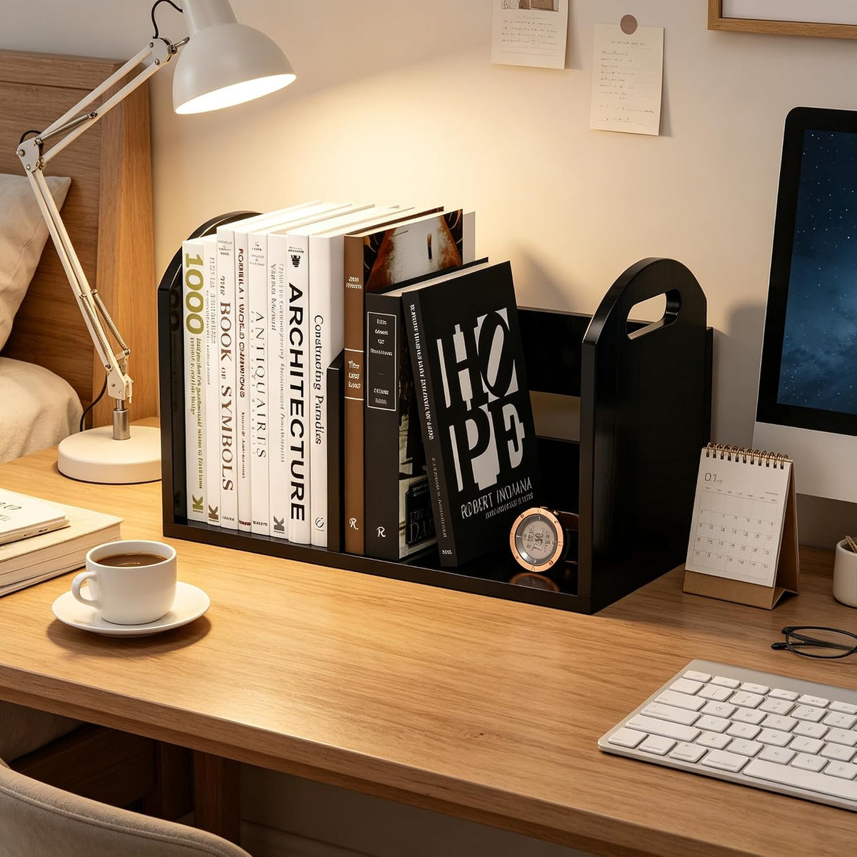 100% Solid Wood Adjustable Desktop Bookshelf, Retro Tabletop Book Shelf File ...